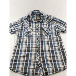BKE Mens XL Short Sleeve‎ Blue Plaid Slim Fit Shirt Pearl Snaps